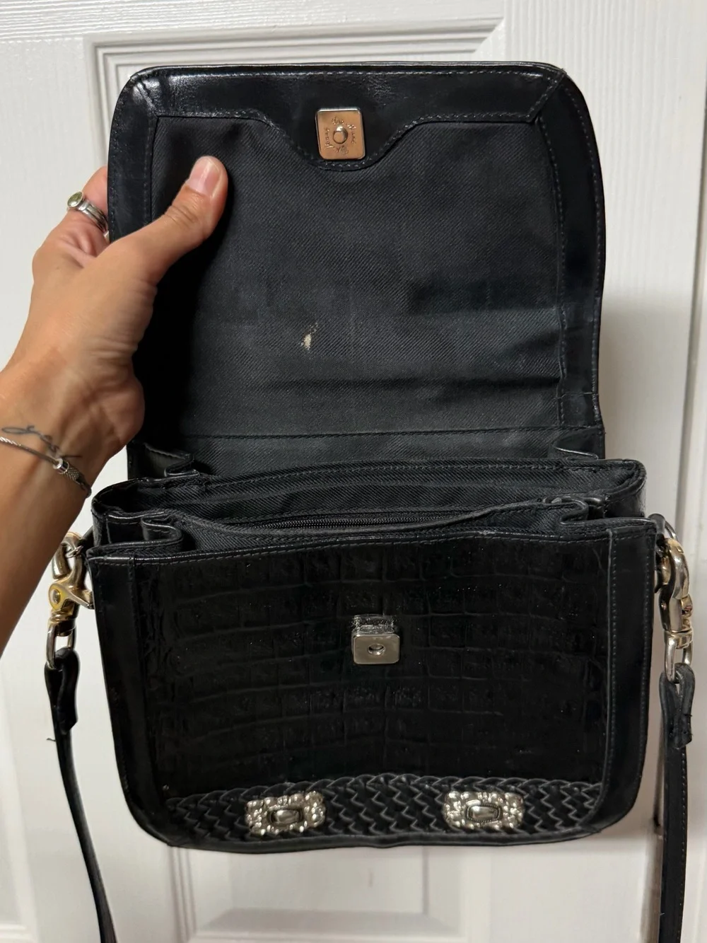 Black Croc-Embossed Top Handle Crossbody Bag